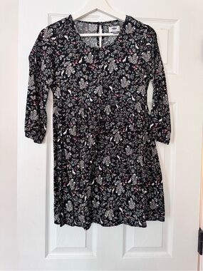 Old Navy Black Floral Shift Dress with Pink, White & Light Blue Motifs